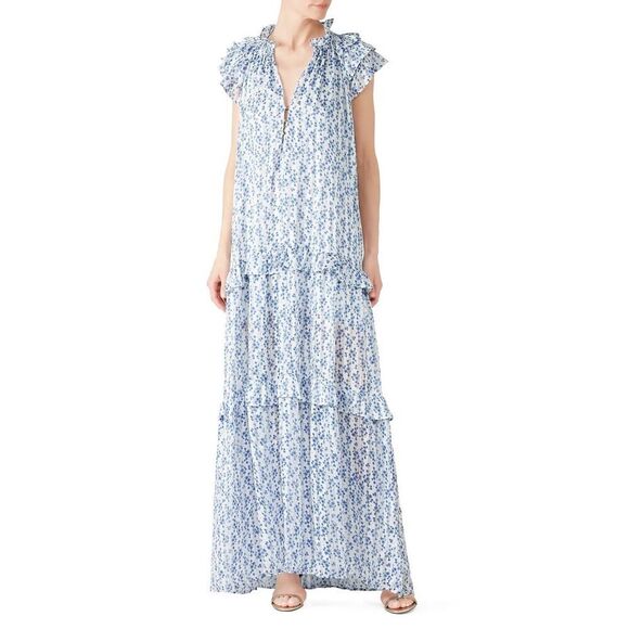 Sabina Musayev Blue Floral Ruffle Tiered Maxi Dress Size L Romantic Boho - Picture 1 of 13